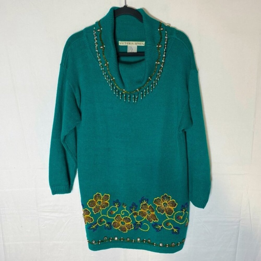 Vintage Victoria Jones Beaded Oversized Green Ramie Cotton Cowl Neck Sweater L